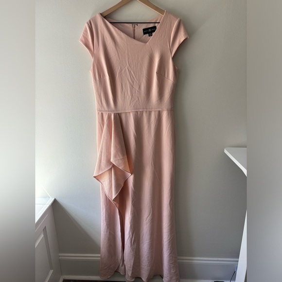 BETSY & ADAM Ruffled Slitted Cap Sleeve Asymmetrical Neckline Maxi Gown Dress - Picture 4 of 11